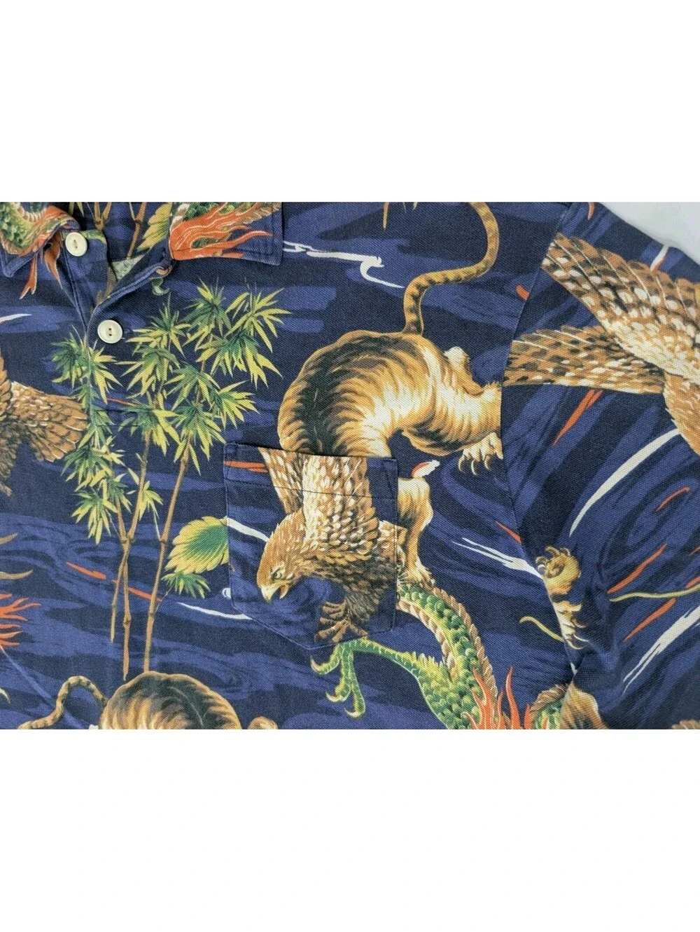 Vtg Polo Ralph Lauren Dragon Tiger Eagle Polo Shirt All Over Print Mens 2XL XXL